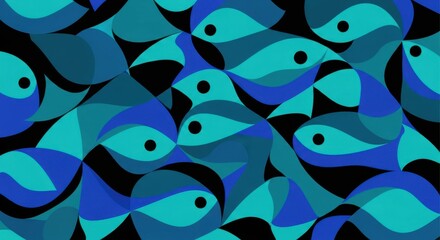 Stylized aquatic creatures form a repeating pattern across a dark background