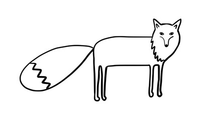 Fox doodle. Black hand drawn line contour. Creepy funny character isolated on transparent background.