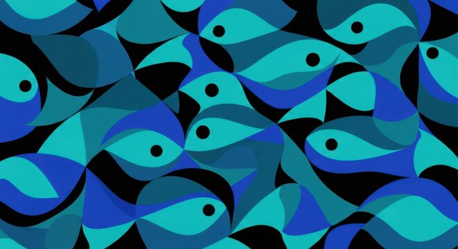 Stylized aquatic creatures form a repeating pattern across a dark background