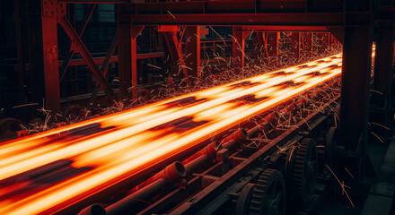 Conveyor belt transports glowing hot metal components at high speed in a factory setting