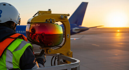 Dedicating daylight hours to de icing aircraft with an operator in bright safety gear high above the runway