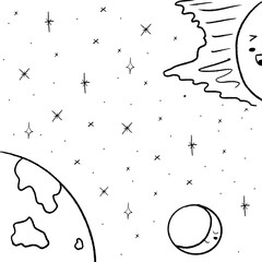 Outer space kawaii cute doodle planets characters. Hand drawn line illustration of laughing sun and sleeping moon and planet Earth.