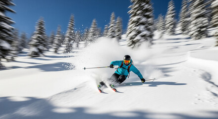 Downhill skier carves through soft powder snow on steep slope against a backdrop of pine trees and blue sky