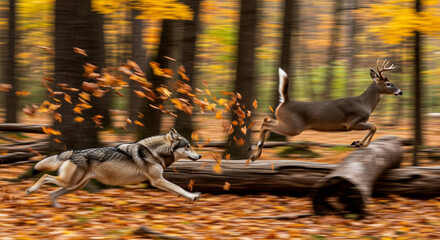 Gray wolf chases white-tailed deer through a colorful autumn forest in dynamic motion