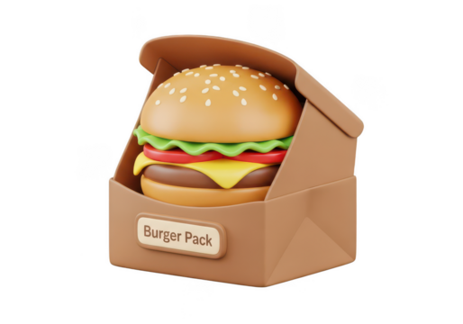 Cartoon burger in a box isolated on transparent background fast food concept