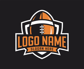 american football logo design with a strong rugby-style emblem, ideal for team identity, tournament promotions, club merchandise, and sports branding, including a stylized ball on a white background.