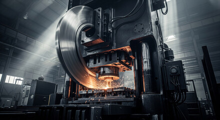 Massive factory stamping press operates at high speed in an industrial environment with dramatic motion blur effects