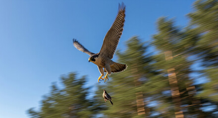Peregrine falcon dives at high speed with outstretched talons in pursuit of a small bird