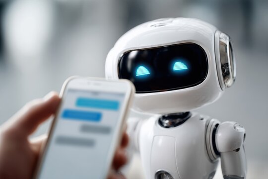 Black hand holding smartphone with chatbot, friendly robot avatar and message bubble visible as user taps to confirm appointment; close-up focus with warm