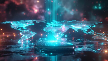 Experience seamless global connection with this dynamic smartphone interface and world map integration, perfect for illustrating international business expansion