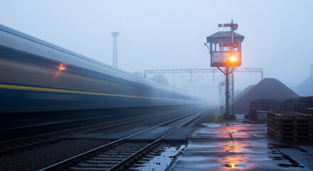 Train rushes through foggy industrial yard showcasing motion blur effects