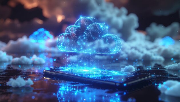 Stunning digital cloud connecting to modern smartphone, showcasing innovative technology for seamless data transfer and secure online access anywhere