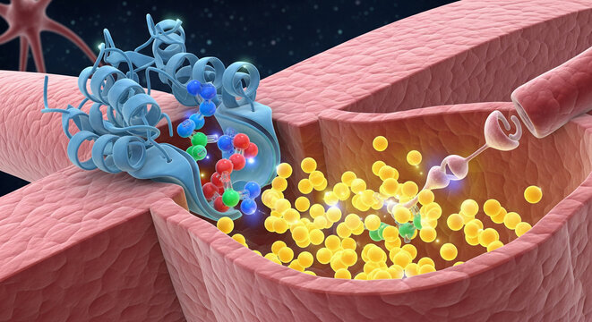 Small drug molecules block serotonin reuptake pump in brain, illustrating SSRI action on neurotransmitter balance