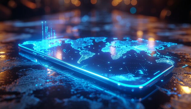 Stunning world map displayed on a smartphone screen showing global data trends and connections, perfect for illustrating technology and globalization concepts