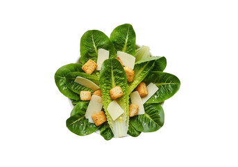 Overhead shot of caesar salad isolated on transparent background, healthy eating concept