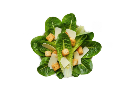 Overhead shot of caesar salad isolated on transparent background, healthy eating concept