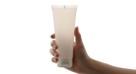 Hand holding a translucent white squeeze tube with a white cap isolated on a transparent background cosmetic