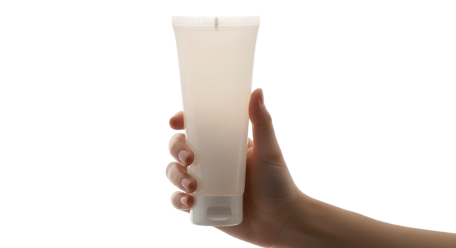 Hand holding a translucent white squeeze tube with a white cap isolated on a transparent background cosmetic