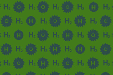 Seamless pattern of hydrogen symbols and saw blades on green background