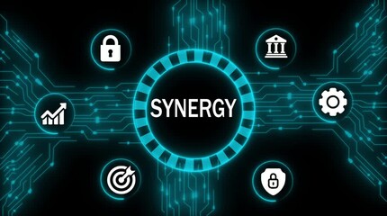Synergy concept digital circuit board glowing neon blue lines connecting icons for growth security finance and goals in dark technology background - Powered by Adobe