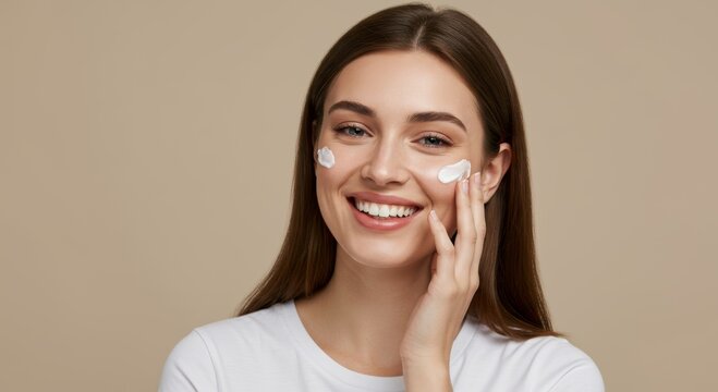 Smiling young caucasian female applying skincare cream