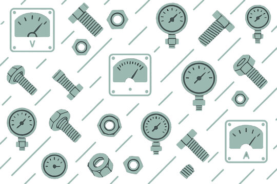 Seamless pattern with gauges, bolts, and mechanical meters