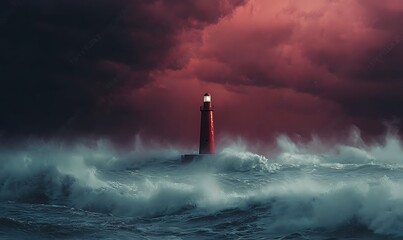 Simple lighthouse amidst a storm, turbulent sea, bold red and black, ultra HD quality.