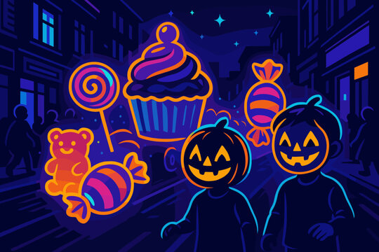 Halloween kids trick-or-treating with glowing candy and masks