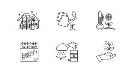 Minimalist line art icons for gardening and weather with greenhouse and plant care elements