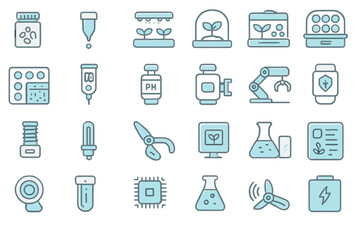 Futuristic smart agriculture and plant lab technology icon set