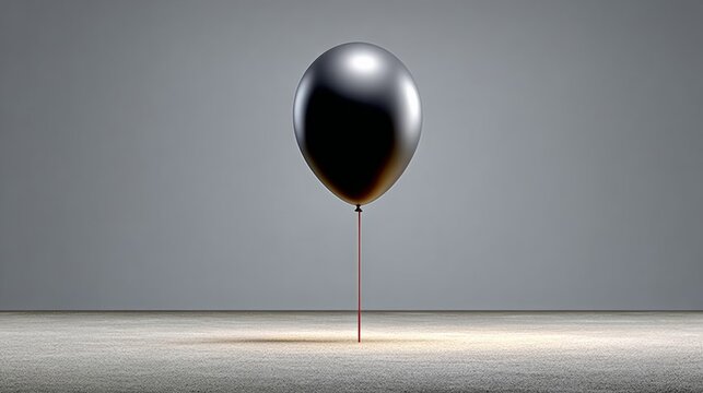 Black balloon is on a grey surface with a red string attached to it. The balloon is the only object in the image, and it is floating in midair. Scene is somewhat eerie and mysterious - Powered by Adobe