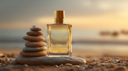 Golden transparent glass perfume bottle with a gold lid hovering above a pyramid of stones. Sandy beach and sunset in the background with copy space — perfume advertising concept.
