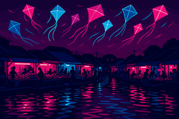 Twilight floating market with neon kites soaring above – vibrant evening scene
