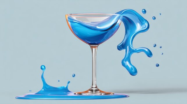 Glass of blue liquid with a splash of water on the table. The splash is in the shape of a wave