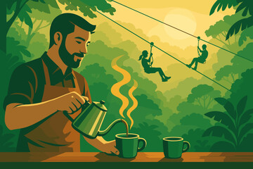 Jungle zipline cafe at sunrise