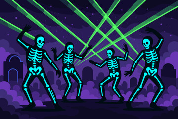 Glow-in-the-dark skeletons dancing in spooky graveyard