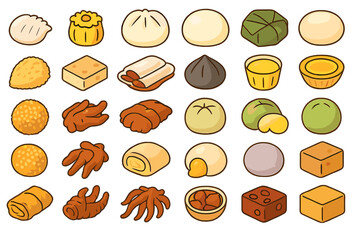 Cute illustrated Asian dim sum and snack icons on warm background