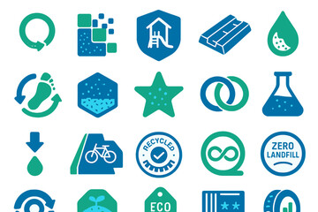 Recycled materials and sustainability icons in blue and green tones