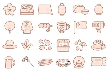 Hand-drawn cherry blossom festival icons with soft pastel tones