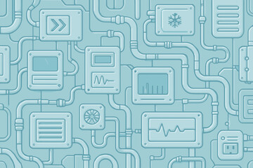 Seamless pattern of industrial control panels and pipes in a blue-toned schematic style