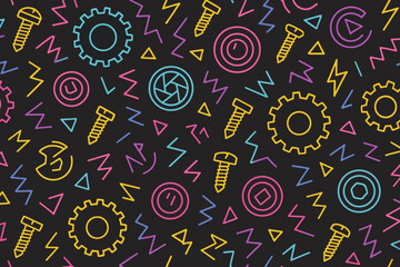 Seamless pattern of neon mechanical tools and symbols on a black background