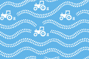 Seamless pattern of tractors and tire tracks on blue background
