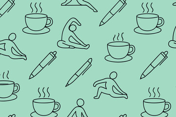 Seamless pattern with yoga poses, coffee cups, and pens