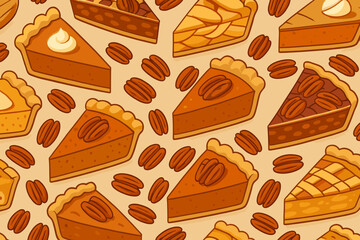 Seamless pattern of cartoon pecan and pumpkin pie slices