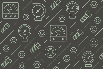 Seamless pattern of gauges, bolts, and nuts on dark background