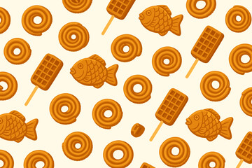 Seamless pattern of donuts, waffles, and fish-shaped pastries