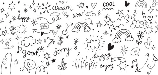 Cute Hand-Drawn Doodle Elements Vector Set - Playful Hand-Drawn Icons Pack - Stars, Hearts, and Arrows