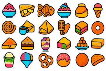 Colorful icon set of international desserts and sweet snacks