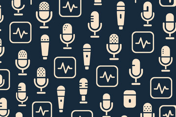 Seamless podcast and microphone icon pattern on dark background