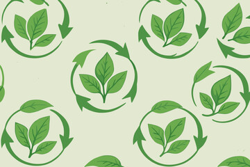 Eco seamless pattern with green leaves and recycle arrows